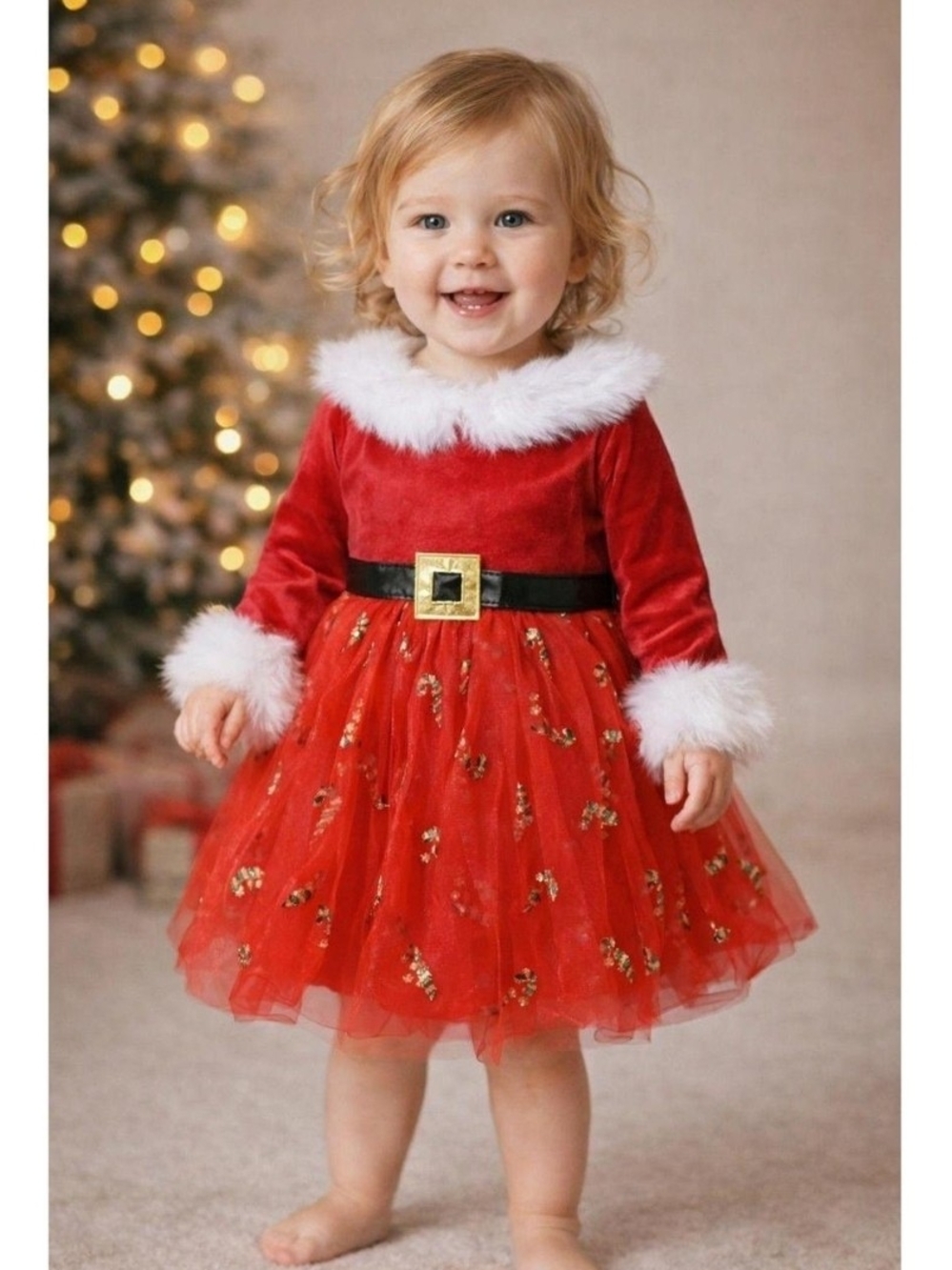 Toddler Girls' Red Holiday Tulle Dress with Faux Fur Trim